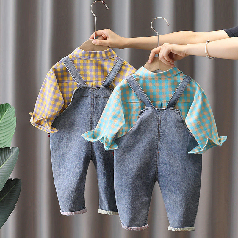 2 - Делен Комплет Карирана Кошула со Тексас Комбинезон