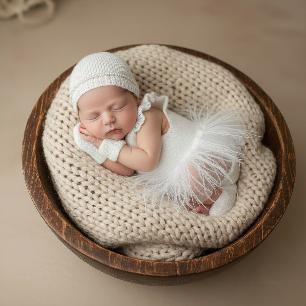 Плетен сет за новороденче со боди, чорапчиња, туту со пердуви и трака