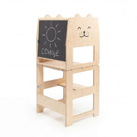 Дрвена Learning Tower за деца со табла за цртање