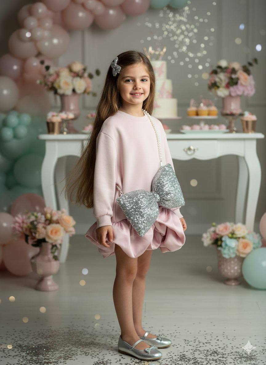 Фустан со голема сребрена декоративна панделка