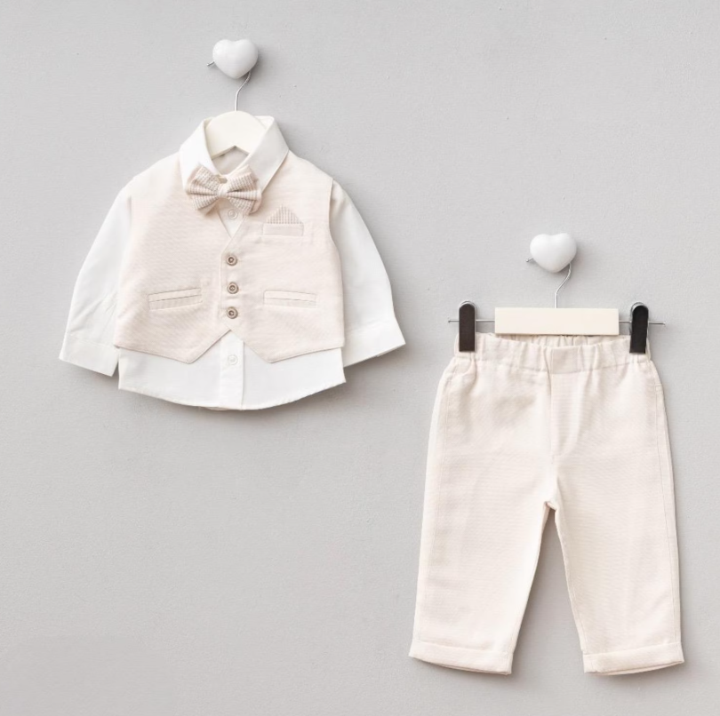 3 Делен комплет кошула, панталони и елече со лептир машна