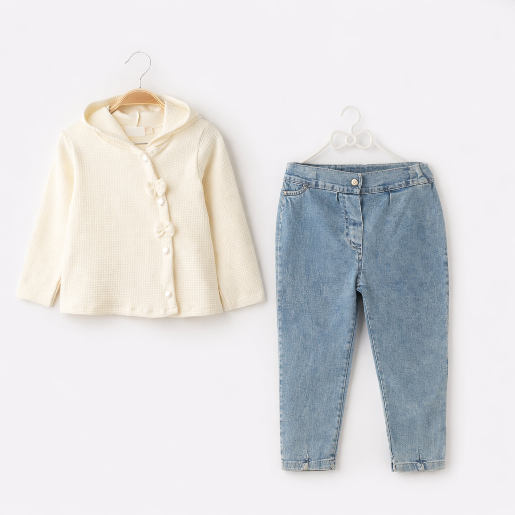 2 Делен комплет џемепер со панделки и фармерки