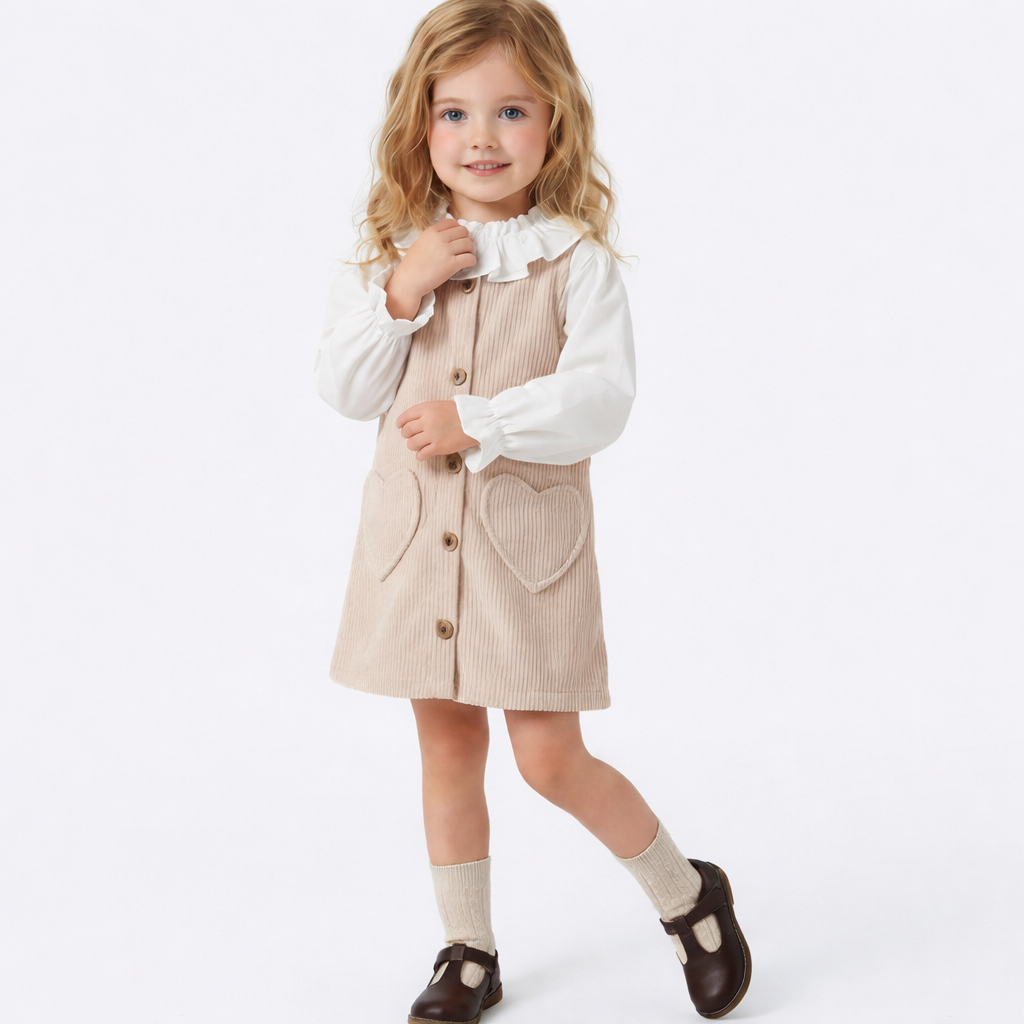 Корд фустан со срце џебови и бела блуза