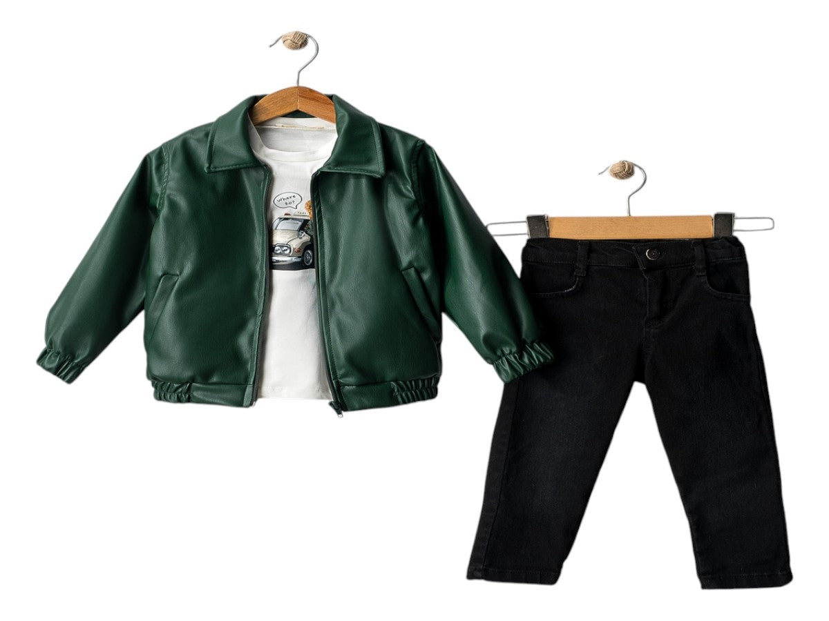 3 Делен комплет блуза, фармерки и кожна јакна