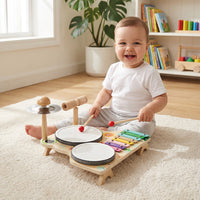 Дрвен музички сет за деца – тапани, ксилофон и перкусии во едно