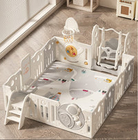 Комплет оградица за играње со лулашка, лизгалка, кош, табла, топчиња и подлога – 187x207см