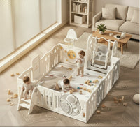 Комплет оградица за играње со лулашка, лизгалка, кош, табла, топчиња и подлога – 187x207см