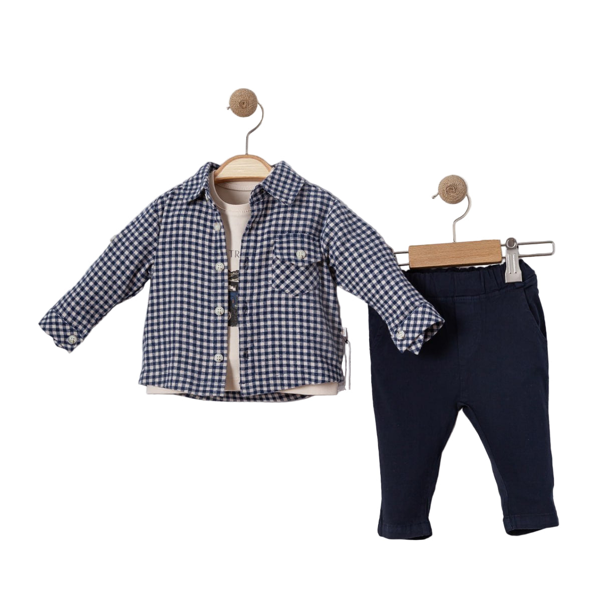 3 Делен комплет карирана кошула, блуза и панталони