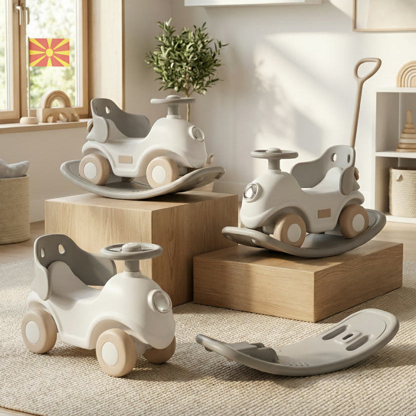 Мултифункционална Играчка 4 во 1 - Лулашка, количе, баланс даска и туркало од родител.