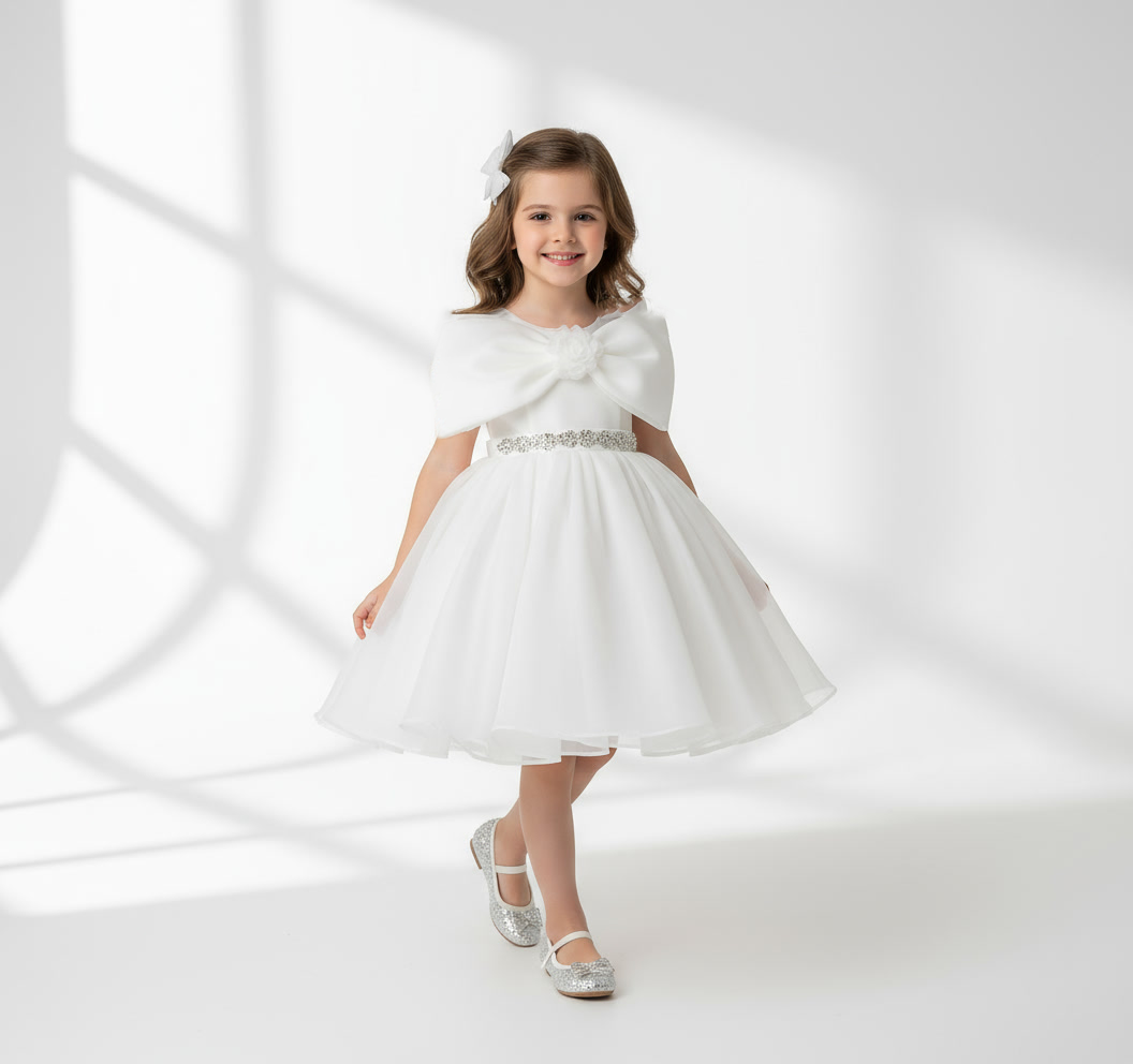 Елегантен фустан со голема панделка и цвет