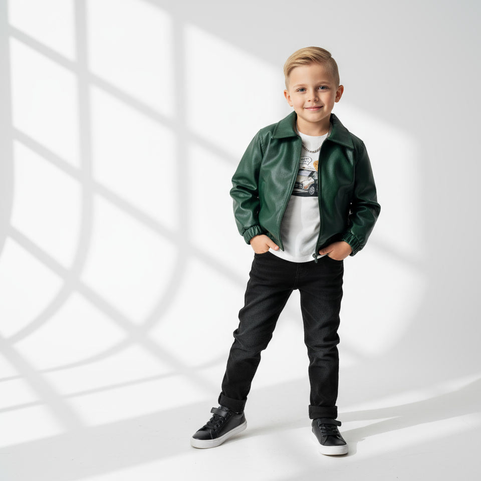 3 Делен комплет блуза, фармерки и кожна јакна